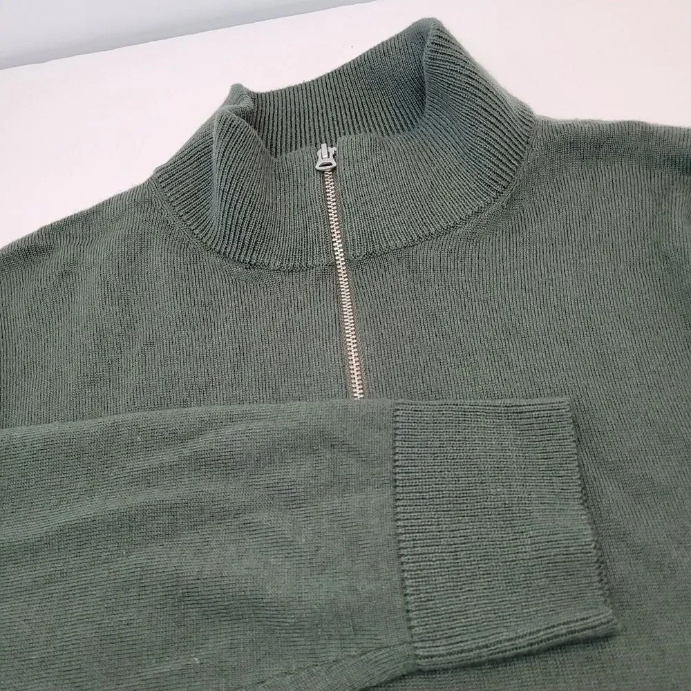 J.Crew Quarter Zip Sweater Mens Large Olive Green Excellent Merino Wool BB697